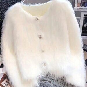 White Casual Women's Faux Mink Fleece Cardigan